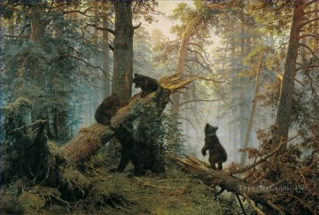 150の主題の芸術作品 Painting - 松林の朝には古典的な風景が広がるイワン・イワノビッチの木々